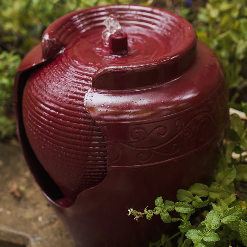 17" Indoor/Outdoor Round Vase Waterfall Fountain with Ridges Red - XBrand