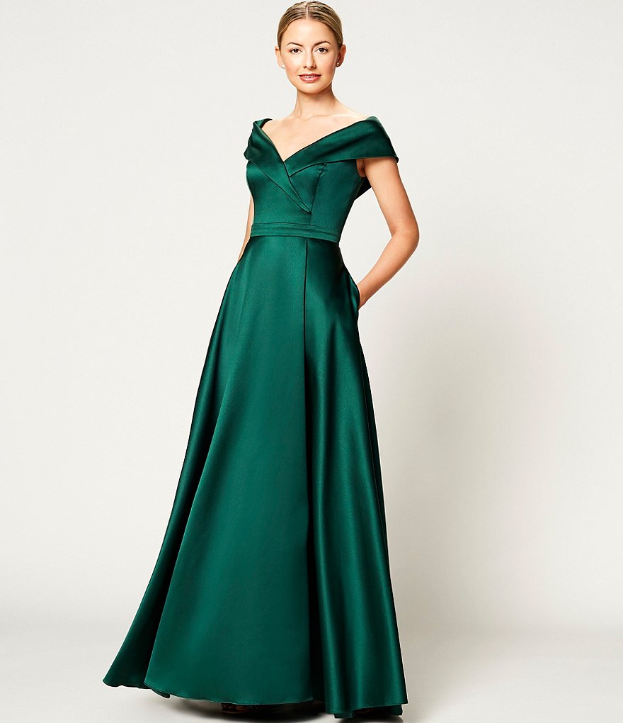 Xscape Off-the-Shoulder Cap Sleeve Satin Ball Gown