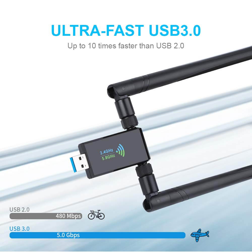USB WiFi Adapter 1750Mbps,USB 3.0 Wireless Network WiFi Dongle with Dual 5dBi Antenna, 802.11ac Dual Band 2.4GHz/5.8GHz for Desktop Laptop PC, Supports Windows XP/Vista/7/8/10 Linux Mac