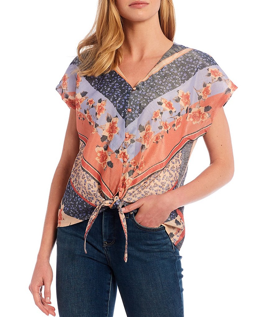 Bobeau Lucille Wallpaper Print V-Neck Short Sleeve Button Down Tie-Front Top