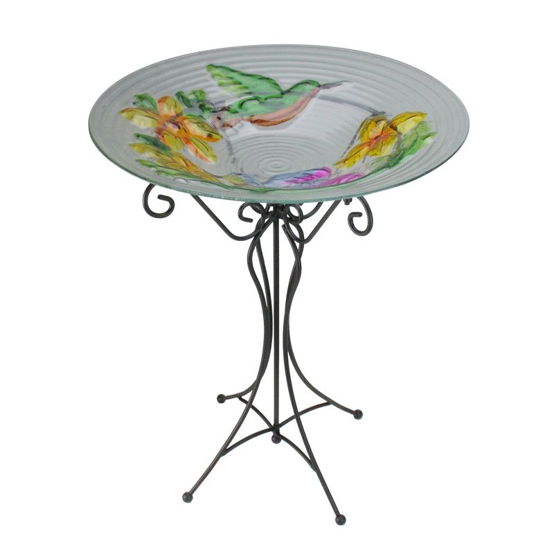 Northlight 22.5" Hummingbird and Flowers Hand Painted Glass Garden Outdoor Patio Bird Bath - Gray/Green