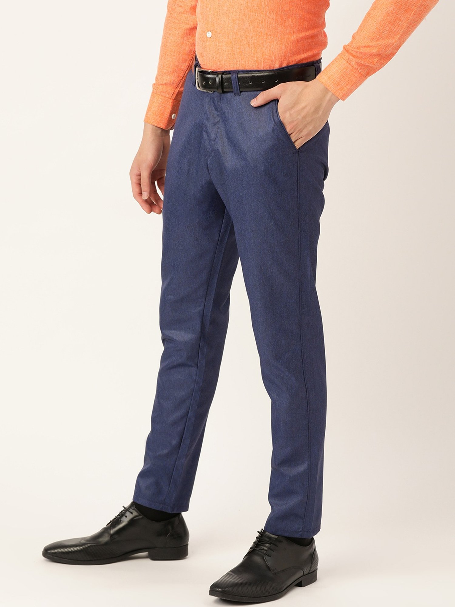 Sojanya Navy Cotton Regular Slim Fit Self Pattern Flat Front Trousers