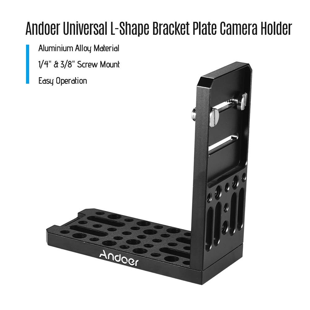 Andoer Universal Camera L-Shape Bracket Plate Holder 1/4 & 3/8 Inch Screw Mount Aluminium Alloy Bracket for Vertical Video Recording for Canon Sony Nikon Cameras DSLR Tripod Accessory