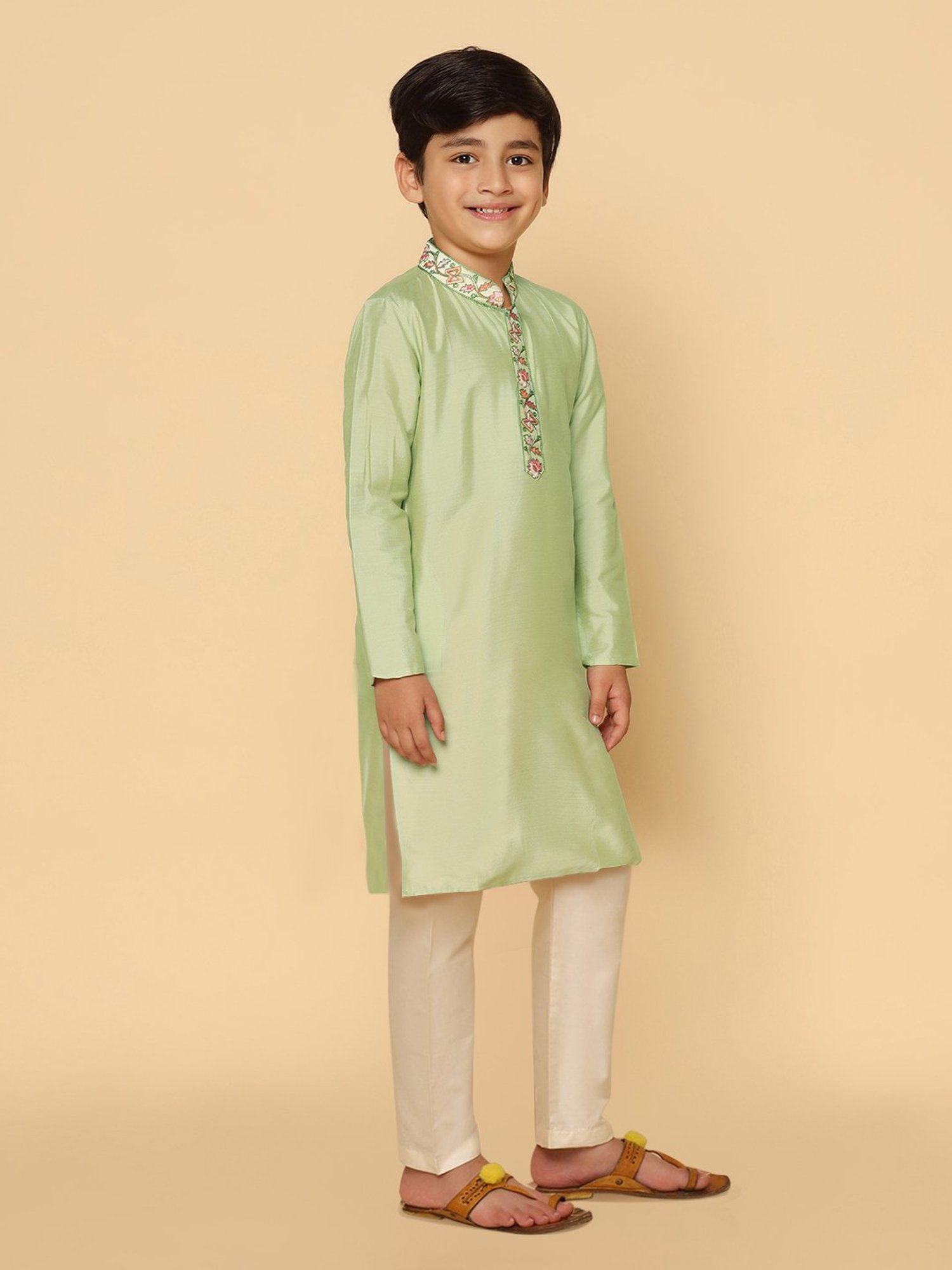 VASTRAMAY Boys Yellow & White Cotton Printed Full Sleeves Kurta Sets