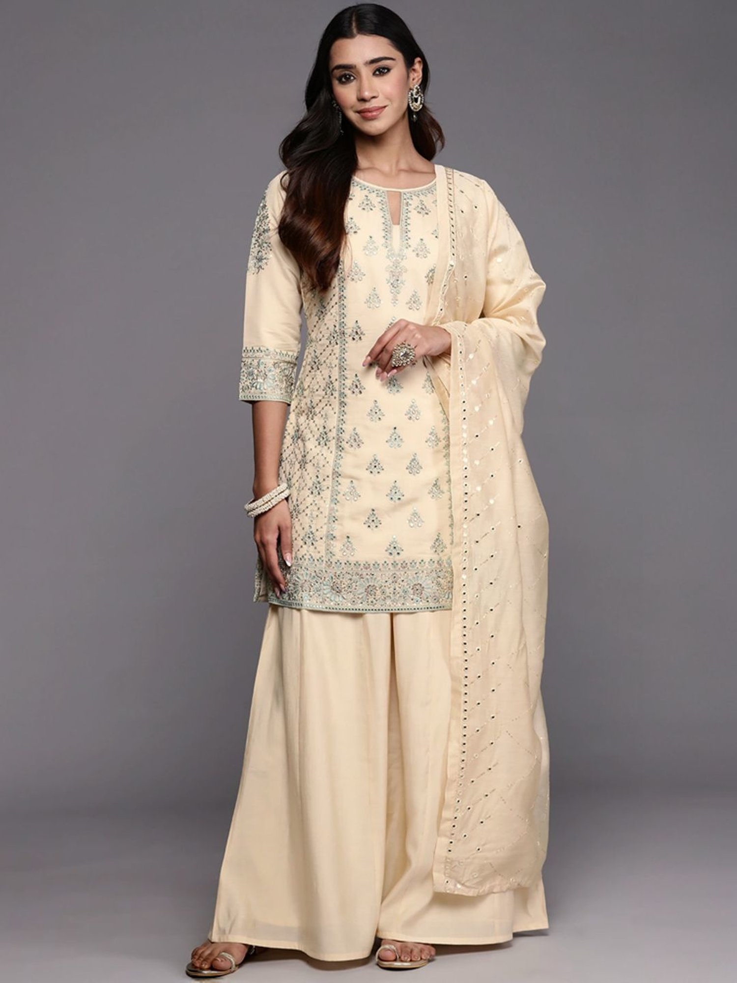 Libas Art Beige Embroidered Kurti Palazzo Set With Dupatta