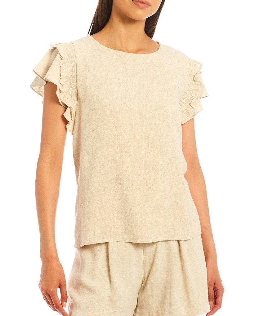 Sugarlips Ruffle Cap Sleeve Coordinating Round Neck Linen Top