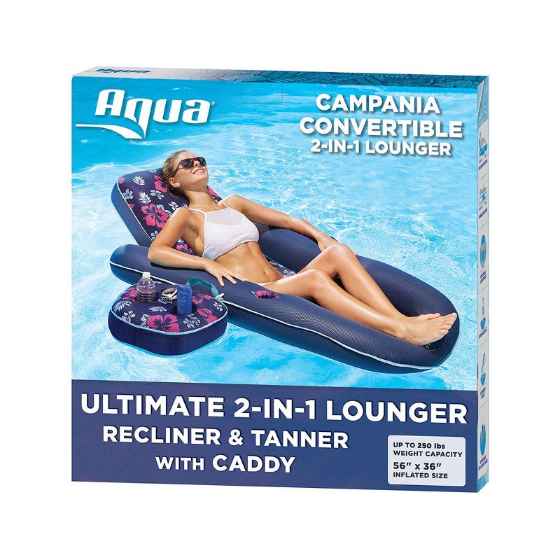 Aqua Leisure Campania 2-in-1 Convertible Water Lounger Pool Inflatable and Dual Action Hand Pump with 4 Nozzle Adapters Attachments, Navy Hibiscus