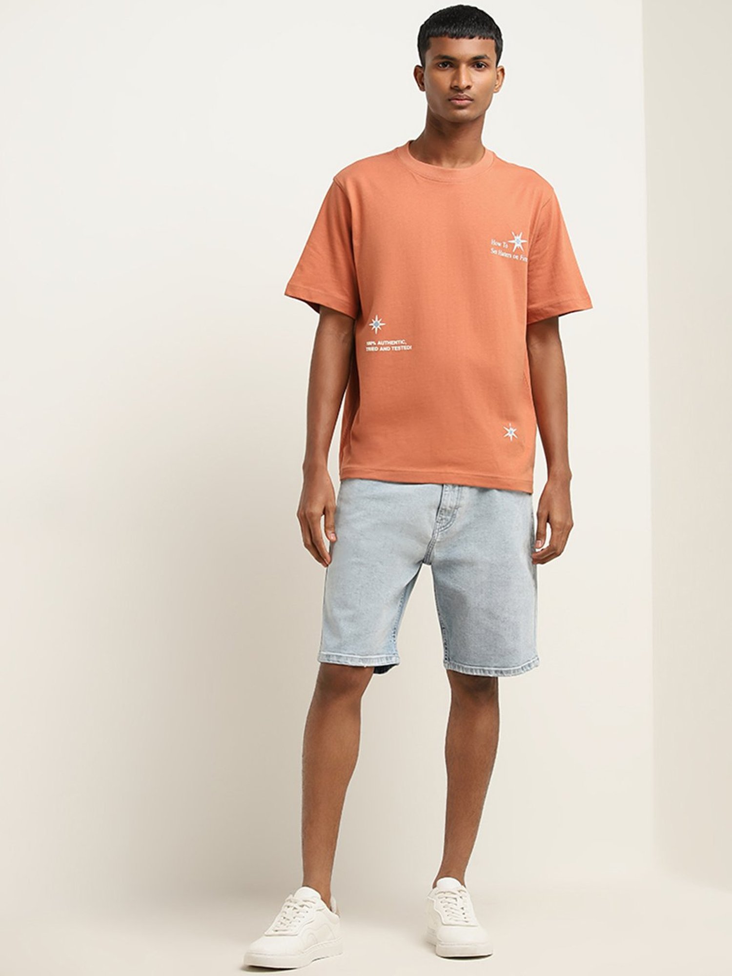 Nuon by Westside Light Blue Mid-Rise Relaxed-Fit Denim Shorts