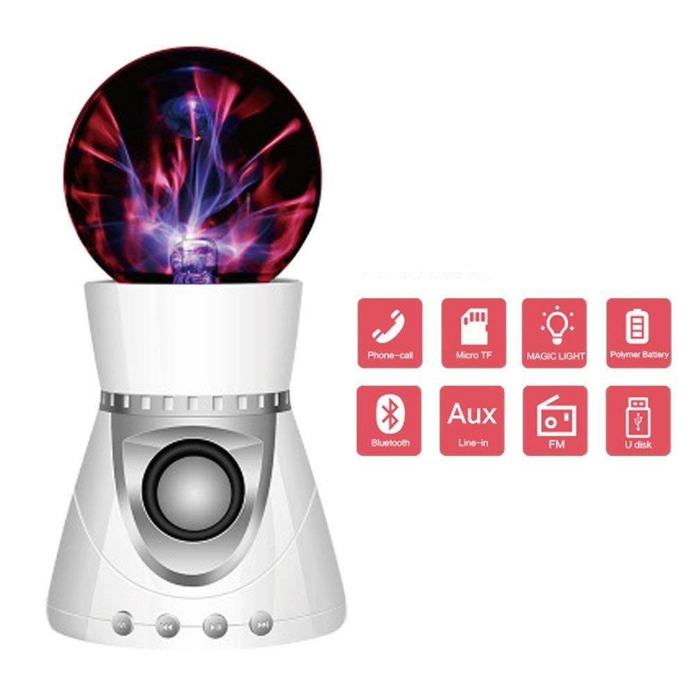 EIGIIS Portable Bluetooth Speaker Magic Plasma Ball Fantastic Lightening 3D Stereo Subwoofer Mini Music Speaker with TF Card Slot for Halloween Thanksgiving Day Christmas (White and Silver)
