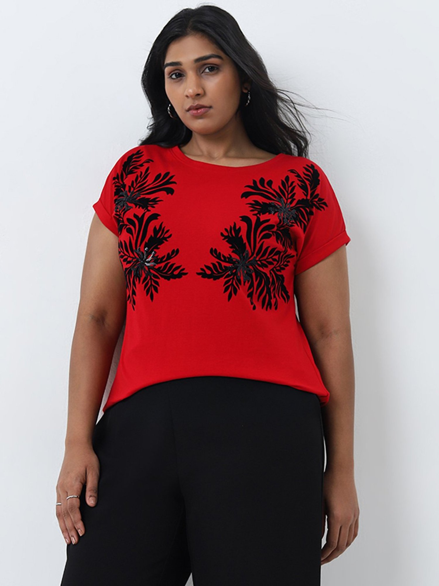 Gia by Westside Red Floral Printed Cotton T-Shirt