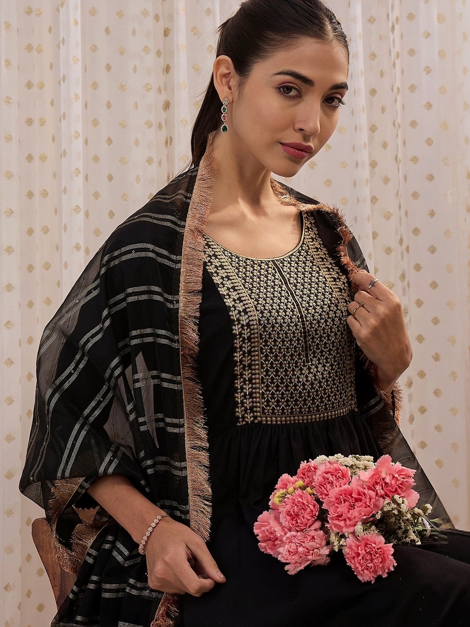 Indo Era Black Woven Pattern Kurta Pant Set With Dupatta