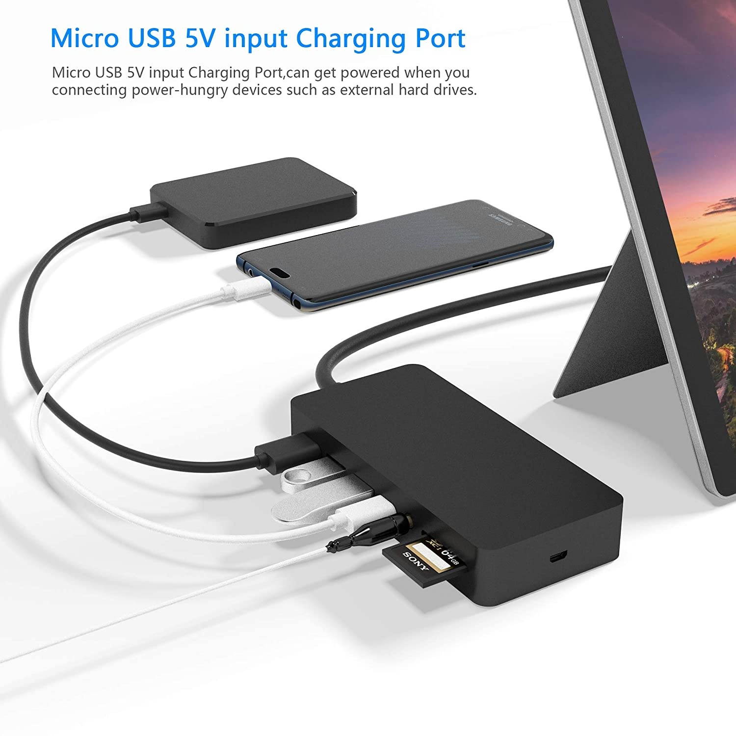 Surface Pro Dock for Surface Pro 4/5/6 Docking Station with HDMI, VGA, DP, RJ-45 Gigabit Ethernet Port, 3X USB 3.0 Ports, USB C Sync Port, Audio Out Port, SD/TF Card Reader, Micro USB Port