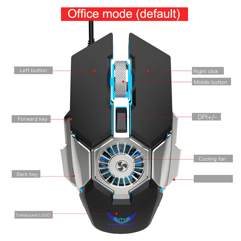 LED Backlight Mute Computer Mouse Gamer 7 Buttons 6400DPI Adjustable For PC USB Wired Cooling Fan Gaming Mouse