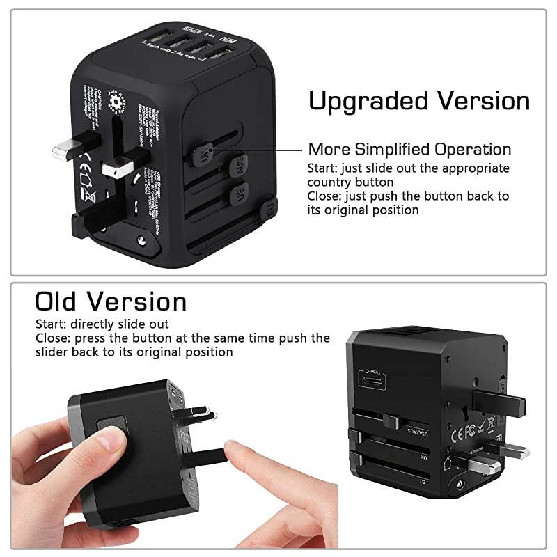 Upgraded Universal Travel Adapter,  All-in-one Worldwide Travel Charger Travel Socket, International Power Adapter with 4 USB Ports, AC Plug for Over 150 Countries, Travel Accessories, Black