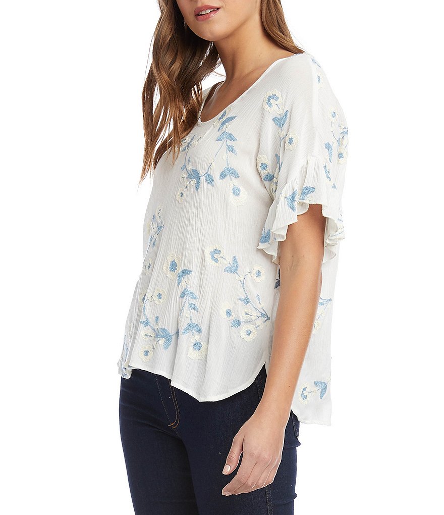 Karen Kane Floral Embroidered Scoop Neck Ruffle Short Sleeve Top
