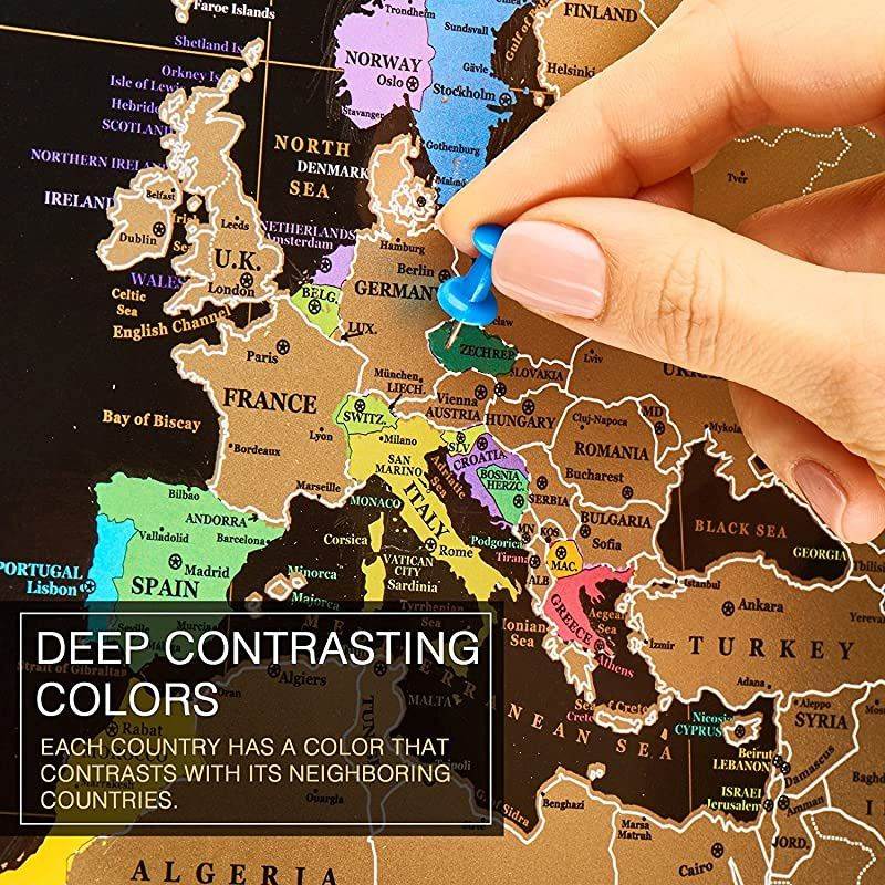 Scratch Off map 16x24 Black Gold Detailed USA States Deluxe Tracker Pin World Map  Travel map Wall Poster Push pin map Includes Pins Tube Poster Map to Scratch Wall Decor Birthday Gift IDea