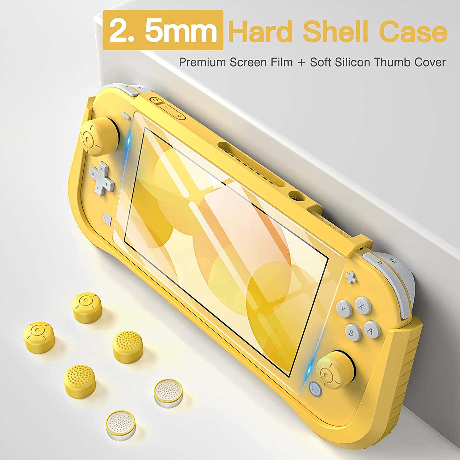 HEYSTOP Case Compatible with Nintendo Switch Lite, with Tempered Glass Screen Protector and 6 Thumb Grip, TPU Protective Cover for Switch Lite with Anti-Scratch/Anti-Dust (Yellow)