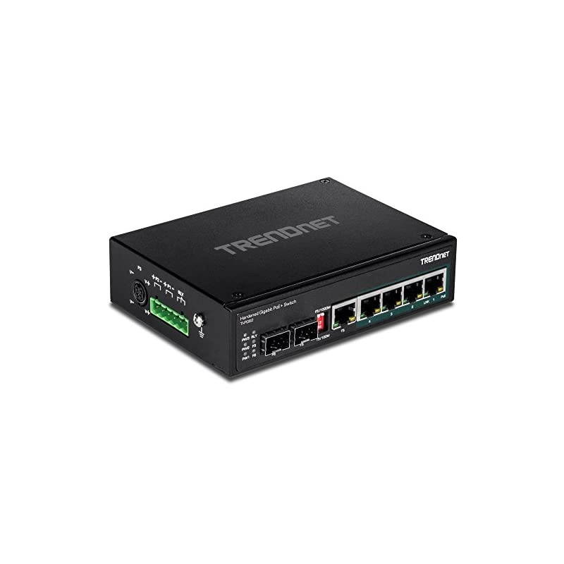 6-Port Hardened Industrial Gigabit PoE+ DIN-Rail Switch, 4 x Gigabit PoE+ Ports, Shared Gigabit Port (RJ-45/SFP), Dedicated SFP, 120W Power Budget, IP30, Lifetime Protection, Black, TI-PG62