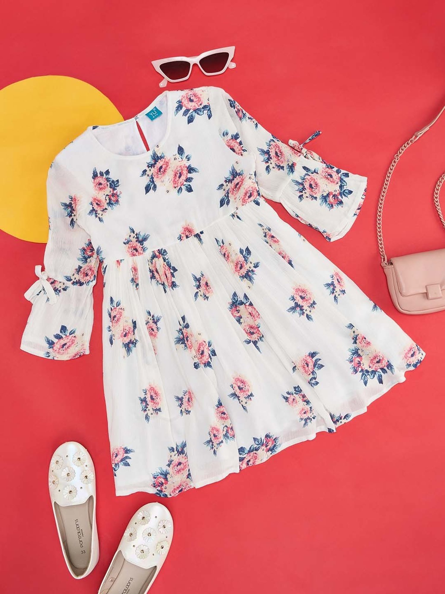 YU by Pantaloons Kids White & Peach Floral Print Dress