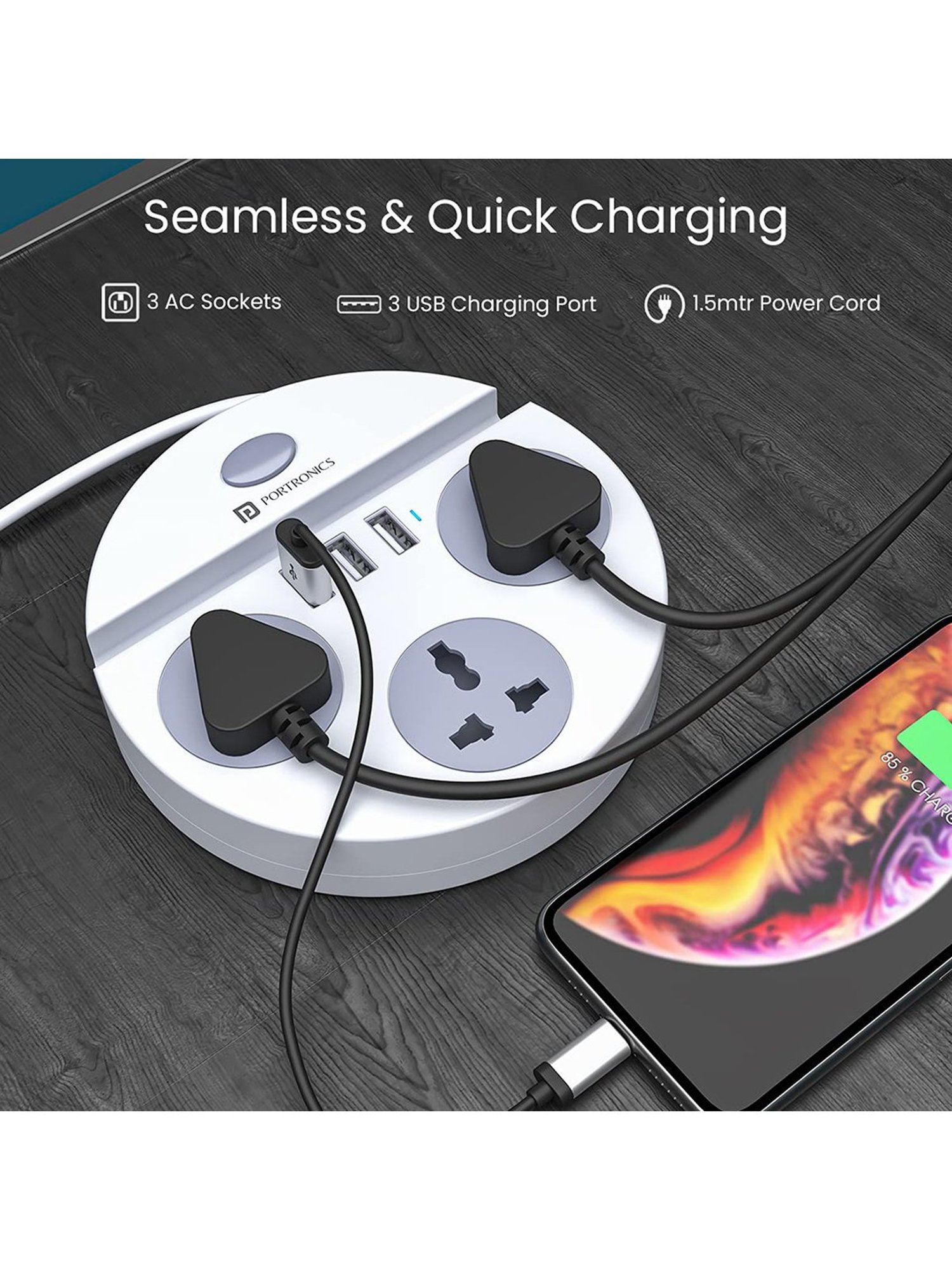 Portronics Power Plate 5 POR-1359 With 3 Socket & 3 USB Port Surge Protector (White)