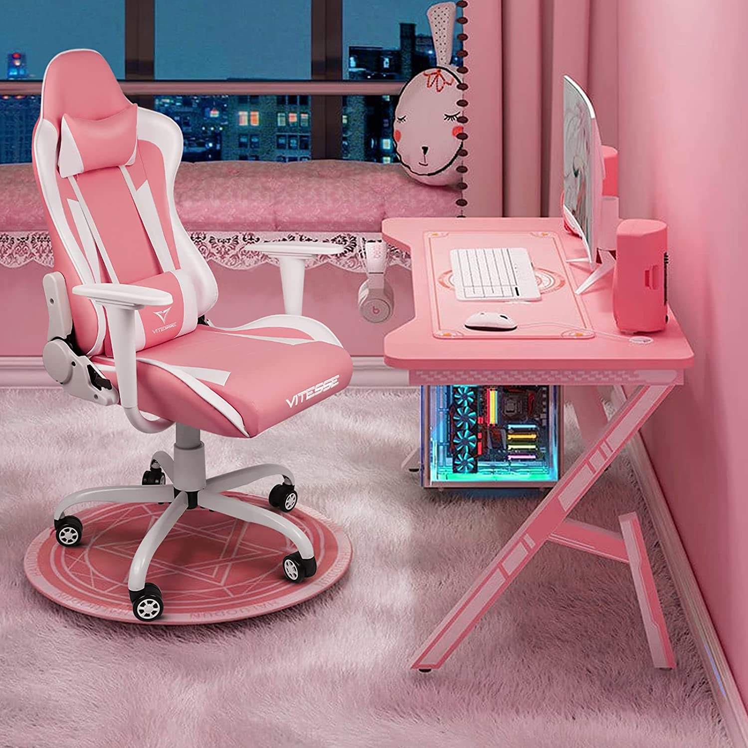 PUKAMI Pink Gaming Chair Cute Kawaii Gaming Chair for Girl Ergonomic Office Desk Chair Racing Office Chair Adjustable High Back Chair Game Chair Swivel Leather Chair with Lumbar Support and Headrest