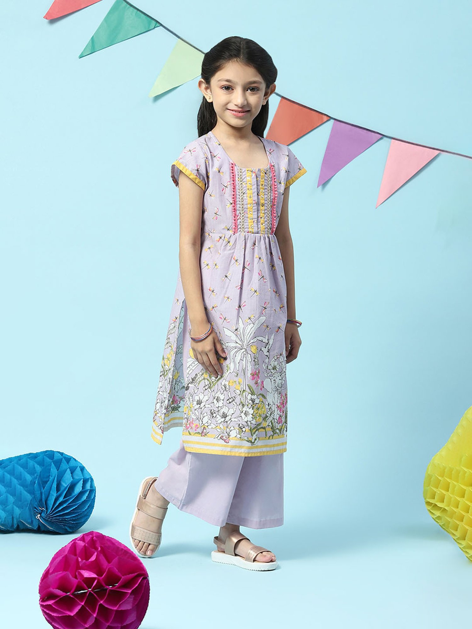 BIBA Girls Lilac Embellished Kurta with Pants