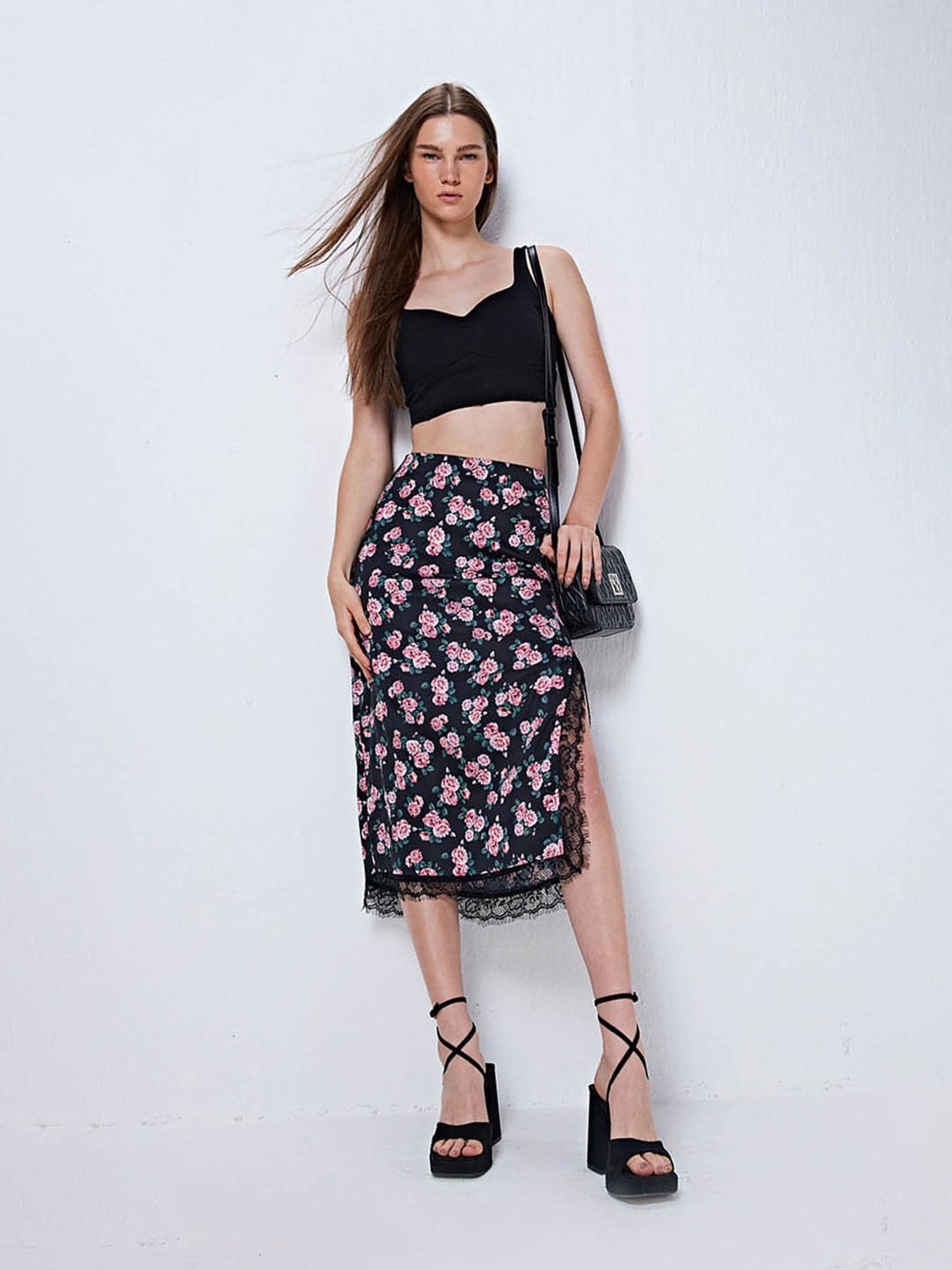 Cover Story Black Floral Print A-Line Midi Skirt