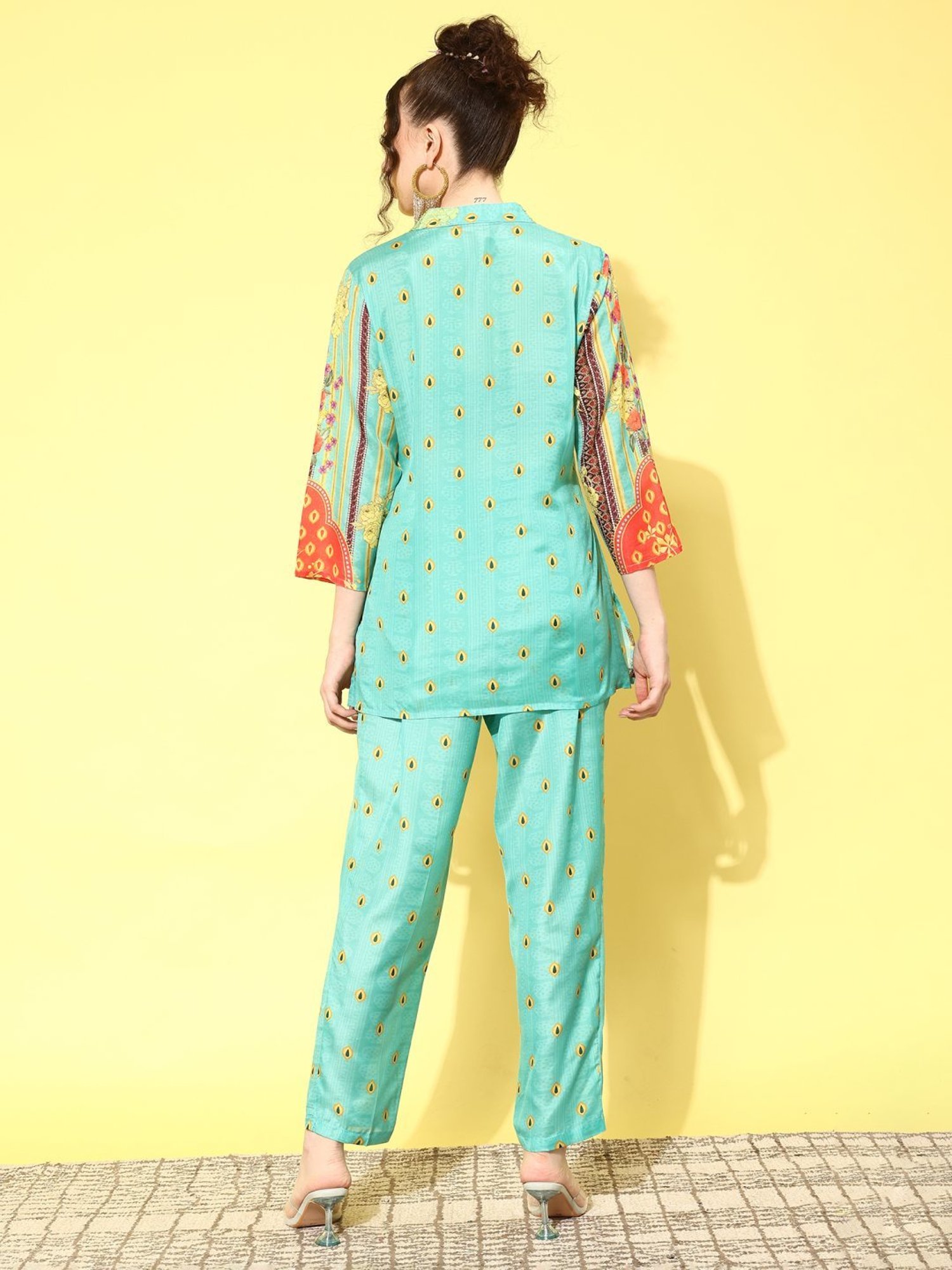 Indo Era Sea Green Floral Print Tunic Pant Set