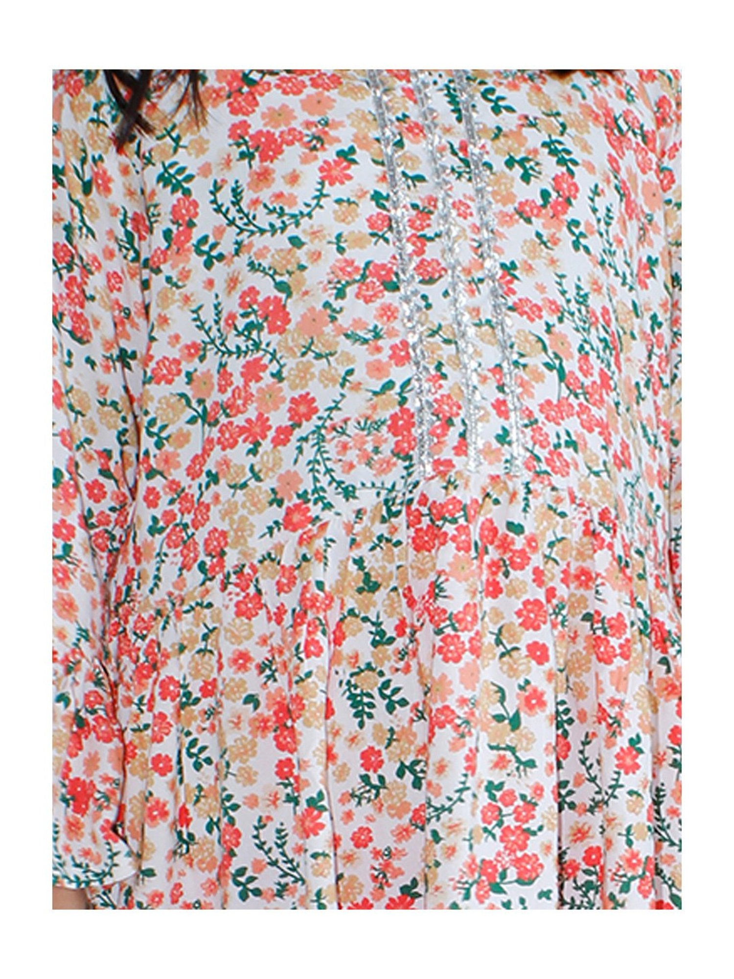 Kiddopanti Kids White & Orange Floral Print Full Sleeves Kurta