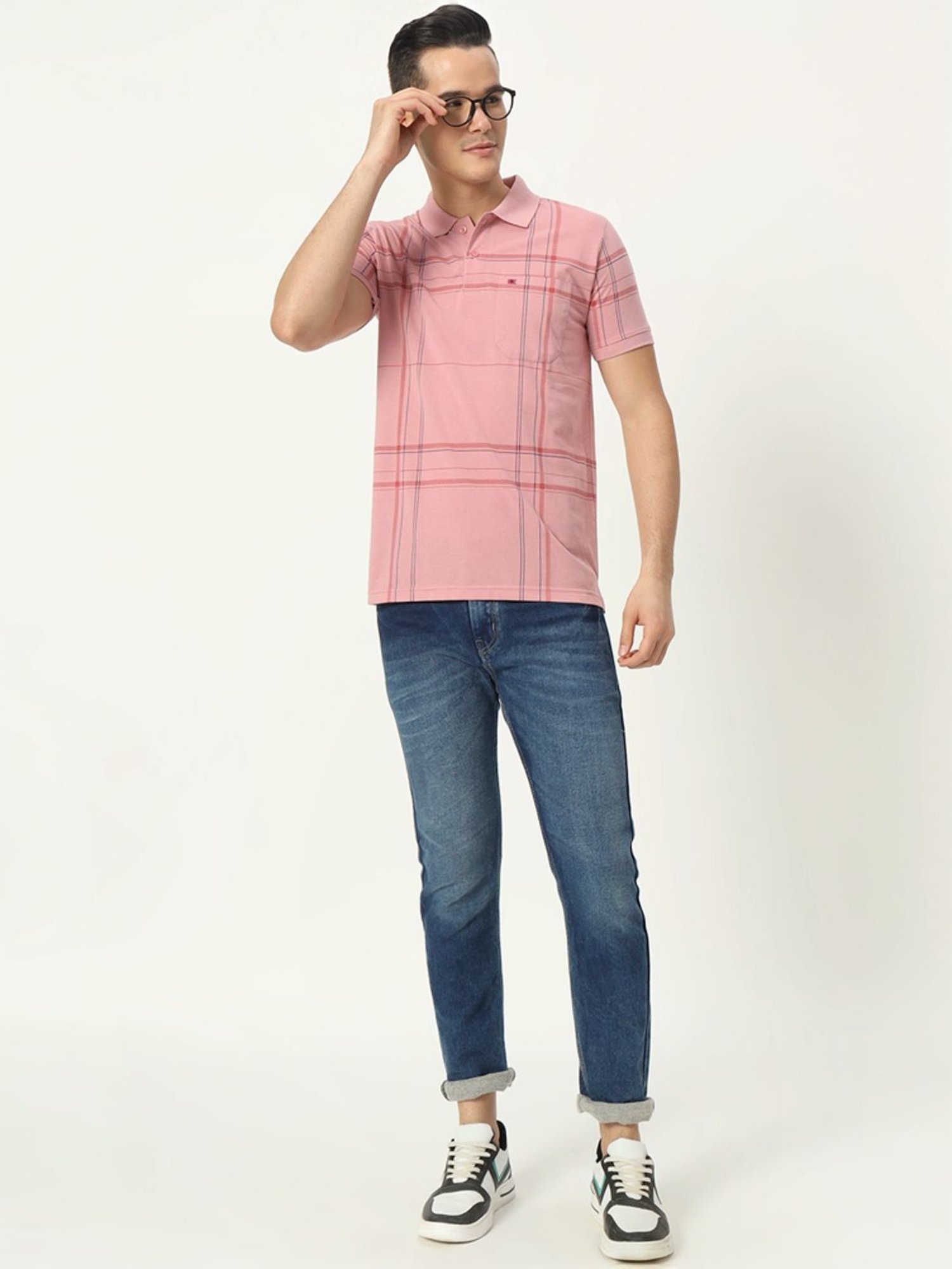 Tab91 Pink Regular Fit Checks Polo T-Shirts