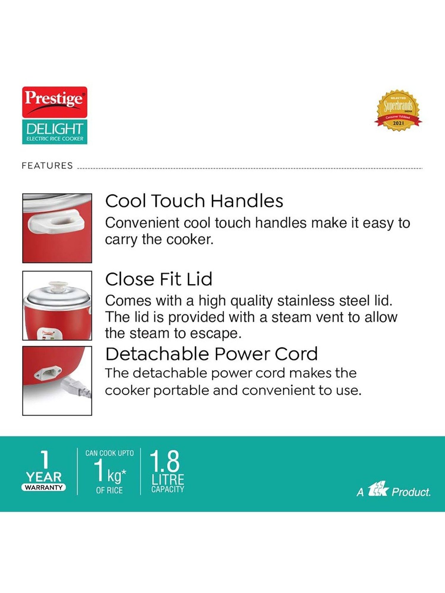 Pigeon Rice Cooker 700W, 1.8L with Single pot & Measuring Cup (Red)