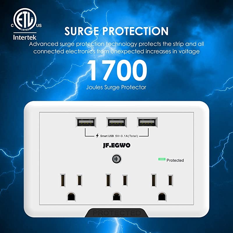 Multi Plug 3 Outlet 3 USB Wall Mount Adapter 1700 Joules Surge Protector Wall Outlet Plug Extender USB Charging Station White USB Plug by  ETL Certified