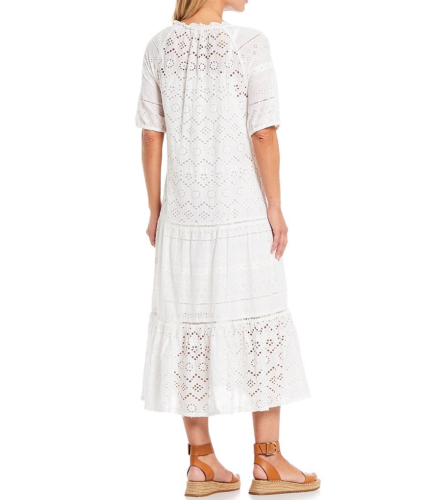 Reba Mixed Embroidered Eyelet Bohemian Volume V-Neck Puff Sleeve Dress
