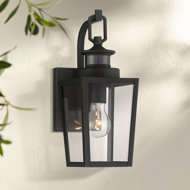 Possini Euro Design Modern Outdoor Wall Light Fixture Textured Black 14" Clear Glass Motion Sensor Exterior House Porch Patio Deck