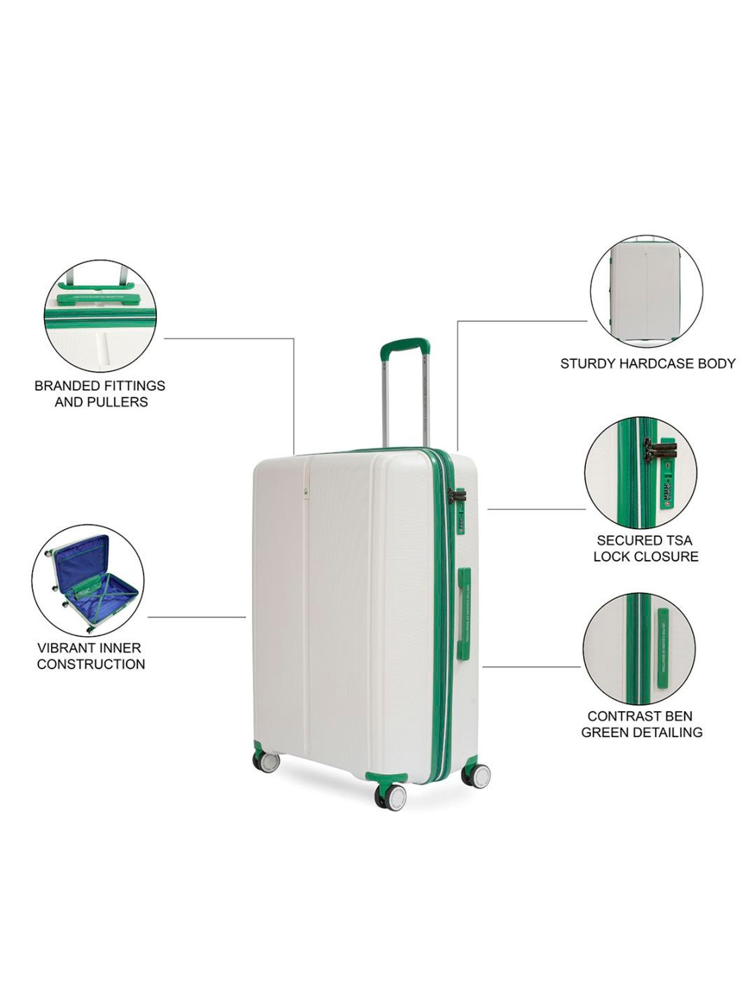 United Colors of Benetton Emerald White Textured Hard Large Trolley Bag - 76 Cm