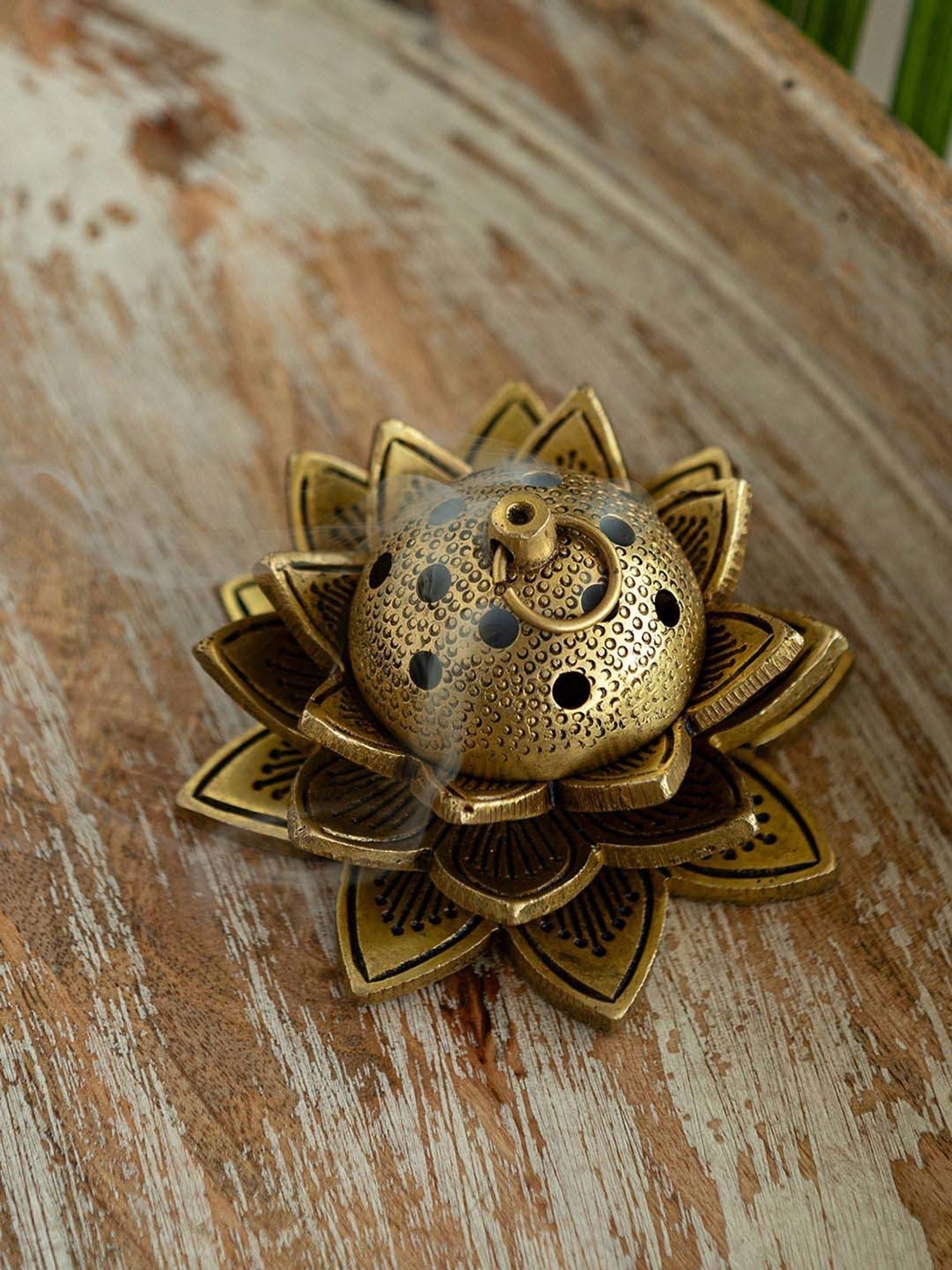 ExclusiveLane Golden Brass Lotus Dhoop Dani Handcarved Incense Burner