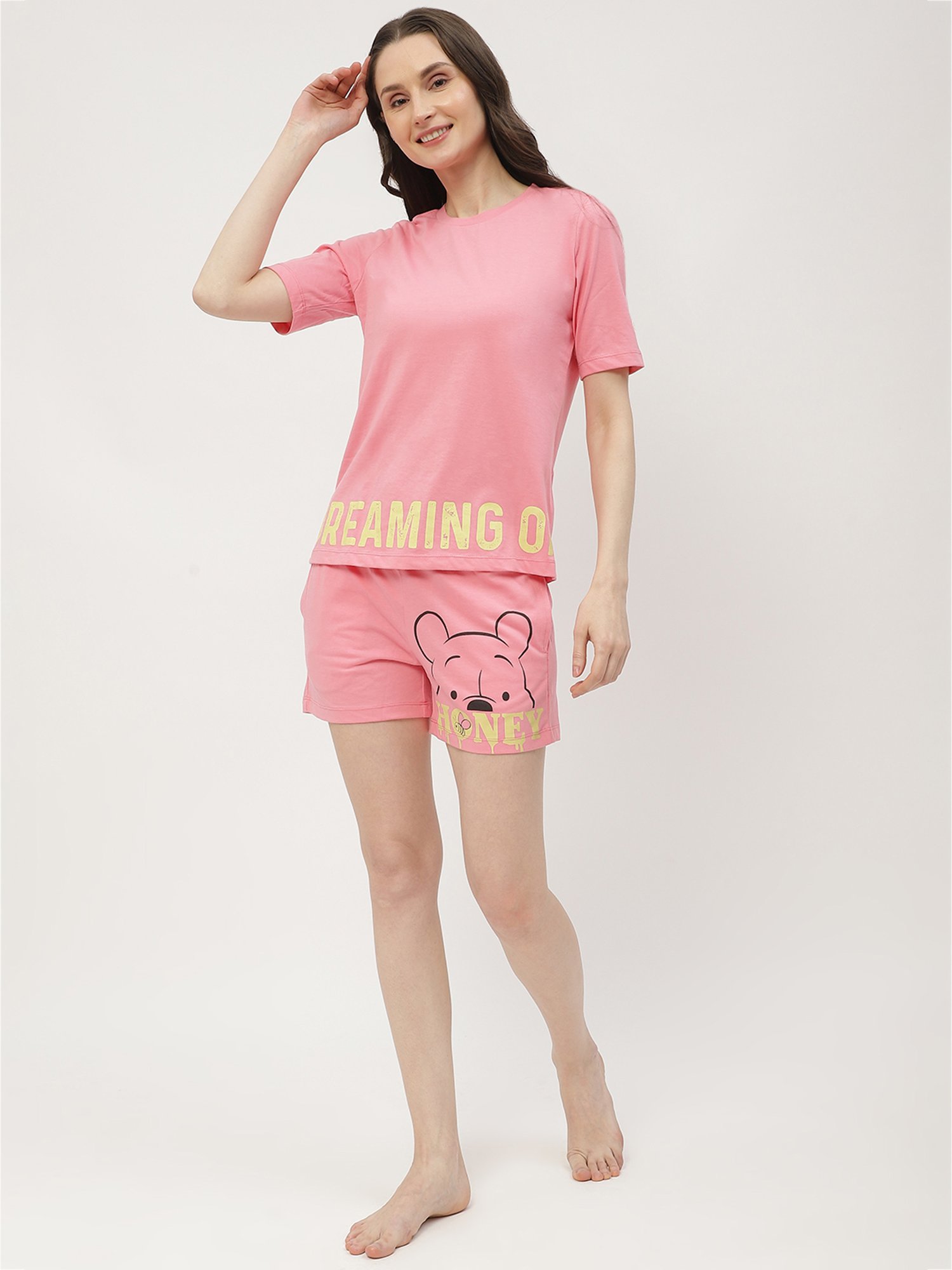 MADAME M Secret Pink Cotton Graphic Print T-Shirt With Shorts