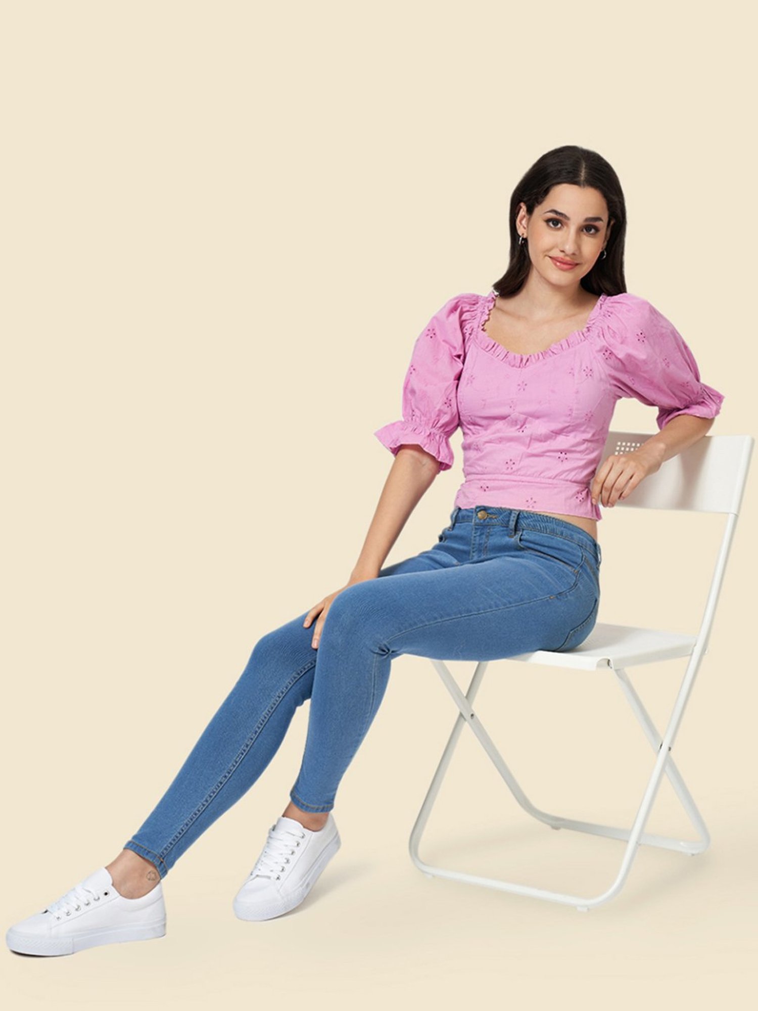 YU by Pantaloons Purple Cotton Self Pattern Crop Top