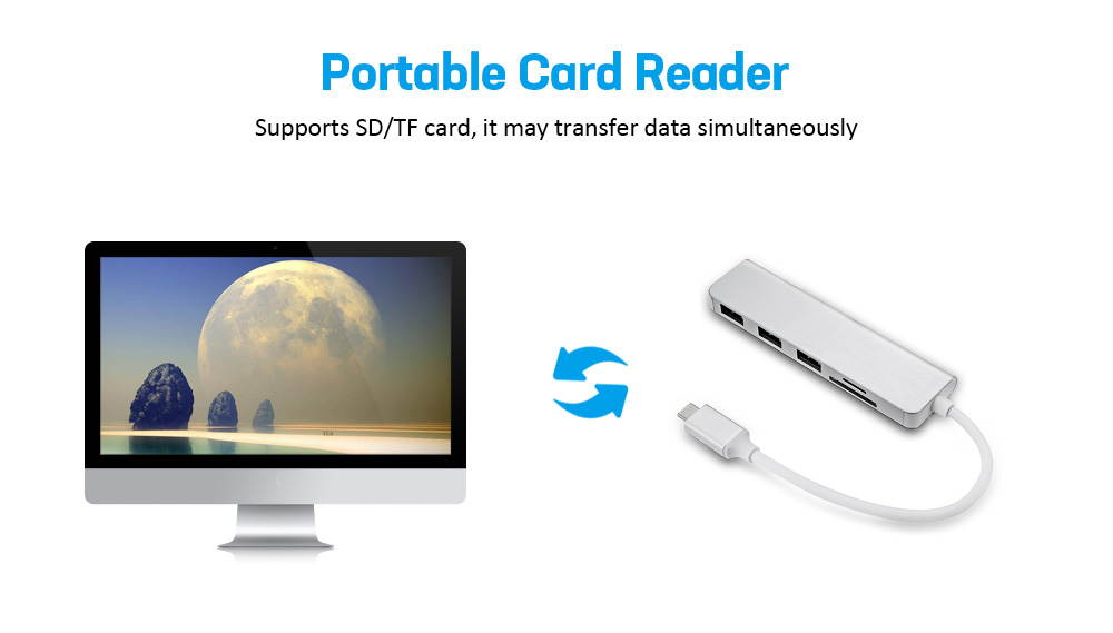 USB-C SD/TF Card Reader with 3 USB3.0 HUB, Type-C HUB Card Reader 5 Port with 3 x USB 3.0 / SD / TF Ports.