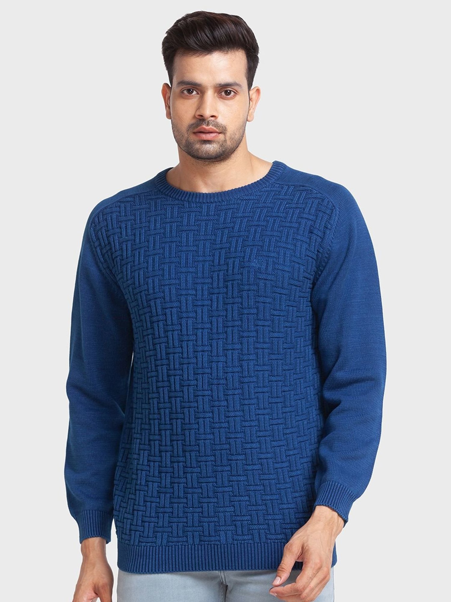 ColorPlus Blue Cotton Tailored Fit Self Pattern Sweaters