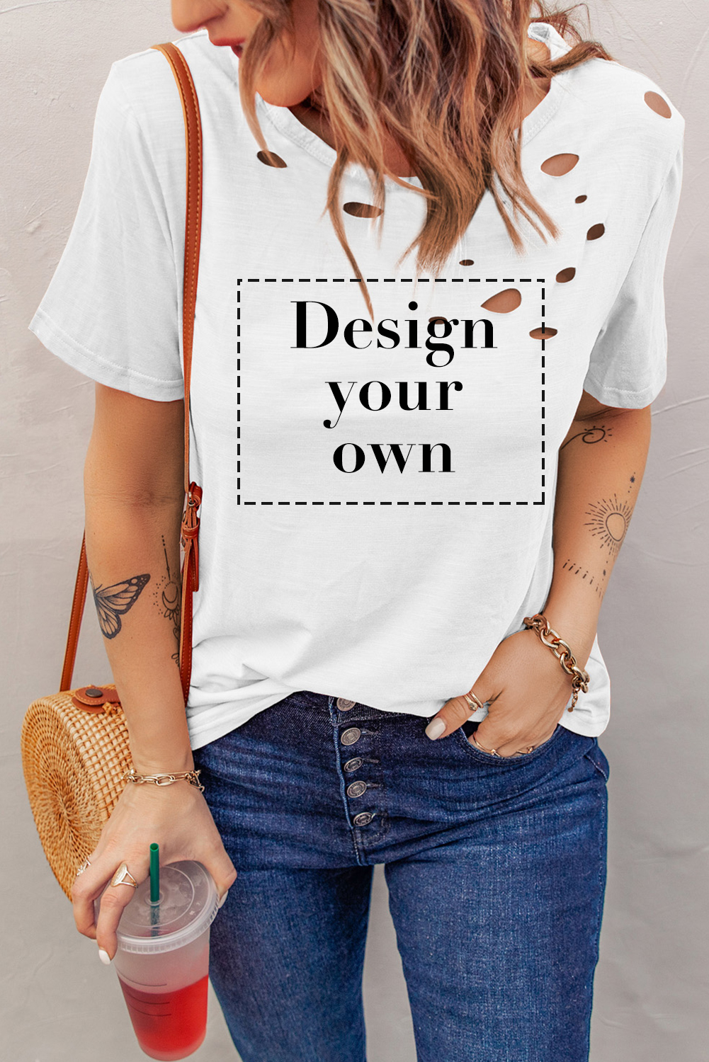 Blank T Shirt - White Distressed Short Sleeve Summer Plain T-Shirt Customized