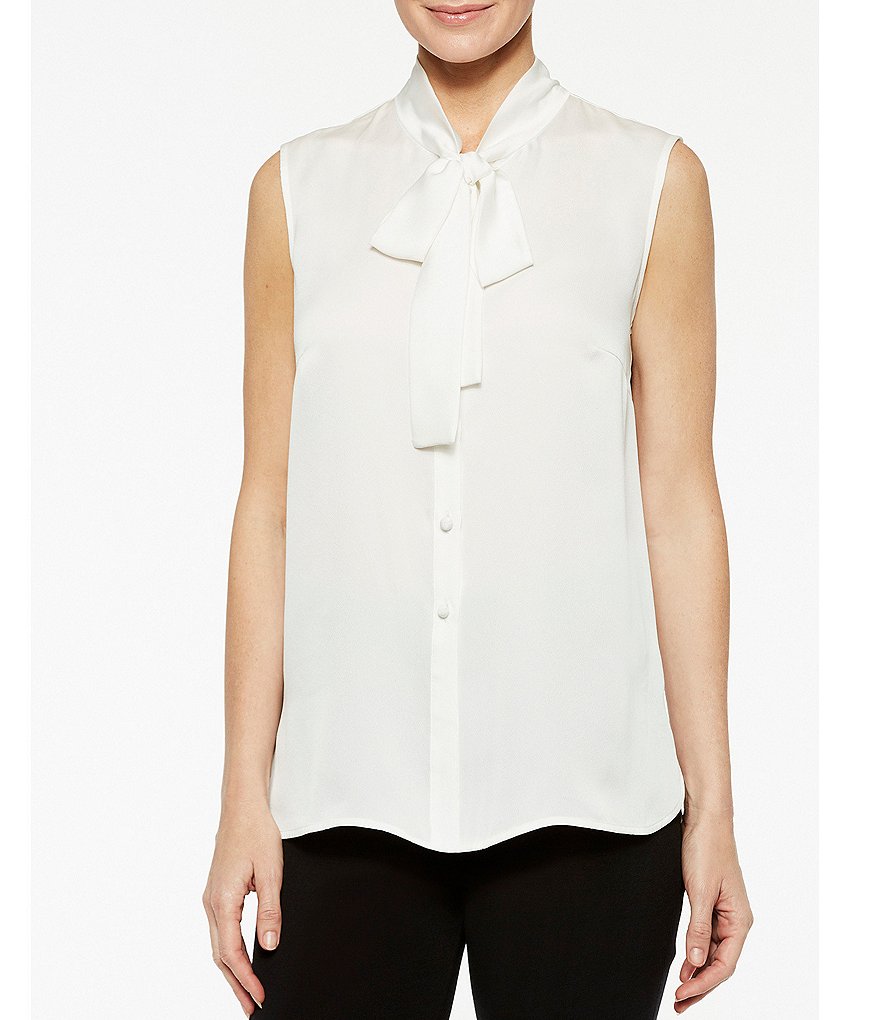 Misook Sleeveless Mandarin Collar Tie Neck Washable Blouse