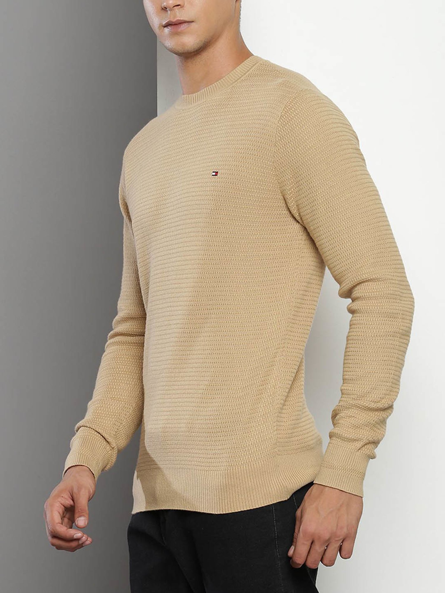 Tommy Hilfiger Beige Cotton Regular Fit Self Pattern Sweater