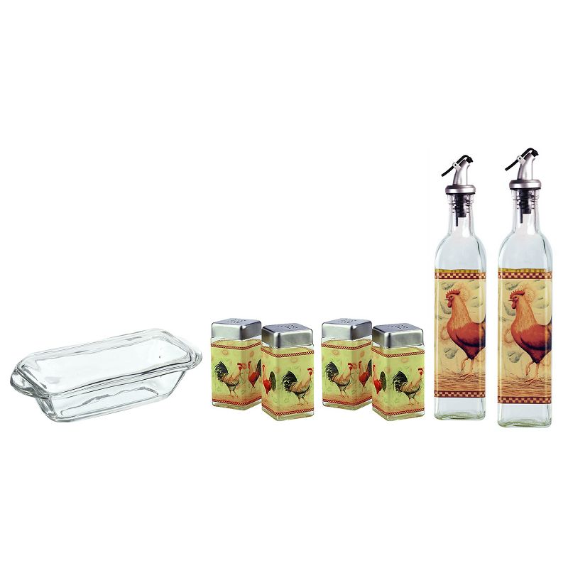 Grant Howard 4 Ounce Capacity Modern Square Glass Rooster Design Salt and Pepper Shaker Set for Kitchen and Dining Table, Multicolor (2 Pack)