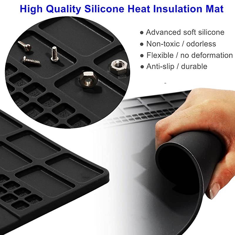 Mat, Premium Magnetic Silicone Repair Mat, Heat Resistant 932&deg;F Electronics Mat for Cellphone, Laptop, Computer, Solder Station Repair 13.8''x9.8'' Black