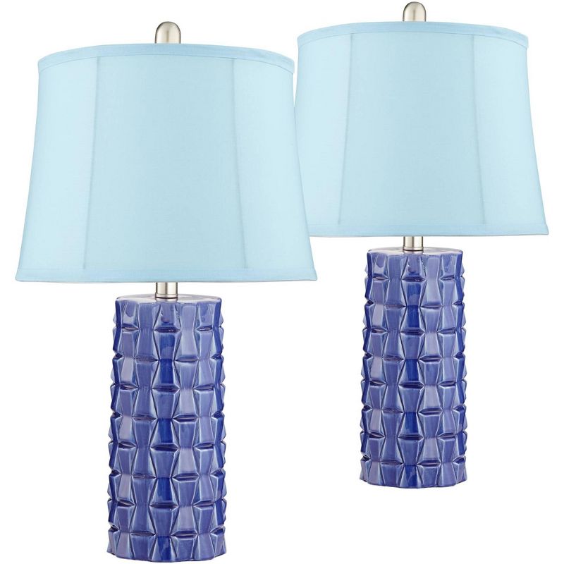 360 Lighting Rico Blue Ceramic Column Blue Softback Table Lamps Set of 2