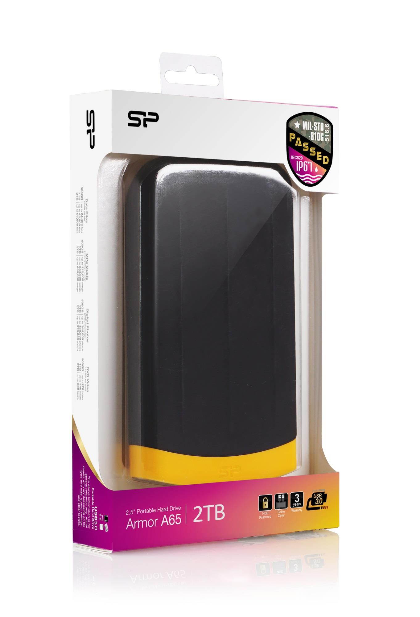 2tb silicon power armor a65 shockproof/waterproof portable hard drive usb3.0  black/orange edition