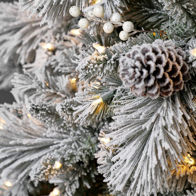 Home Heritage Snowdrifted Flocked 7.5 Foot Prelit Pine Artificial Christmas Tree with Lights, Pine Cones, and White Berries