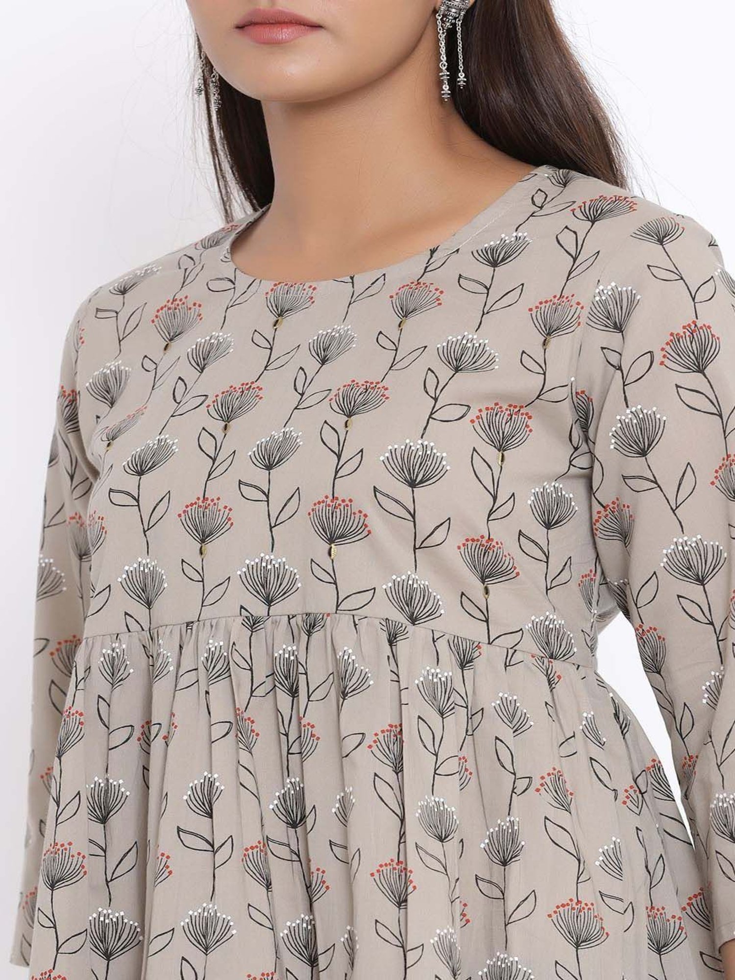 Miravan Grey Cotton Printed A Line Short Kurti