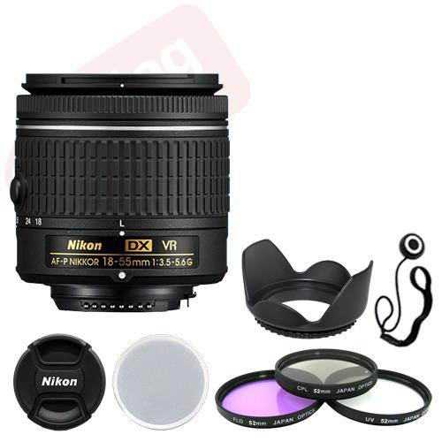 Nikon 18-55mm f/3.5-5.6G VR AF-P DX Zoom Lens Bundle: Filters Hood Cap Keeper